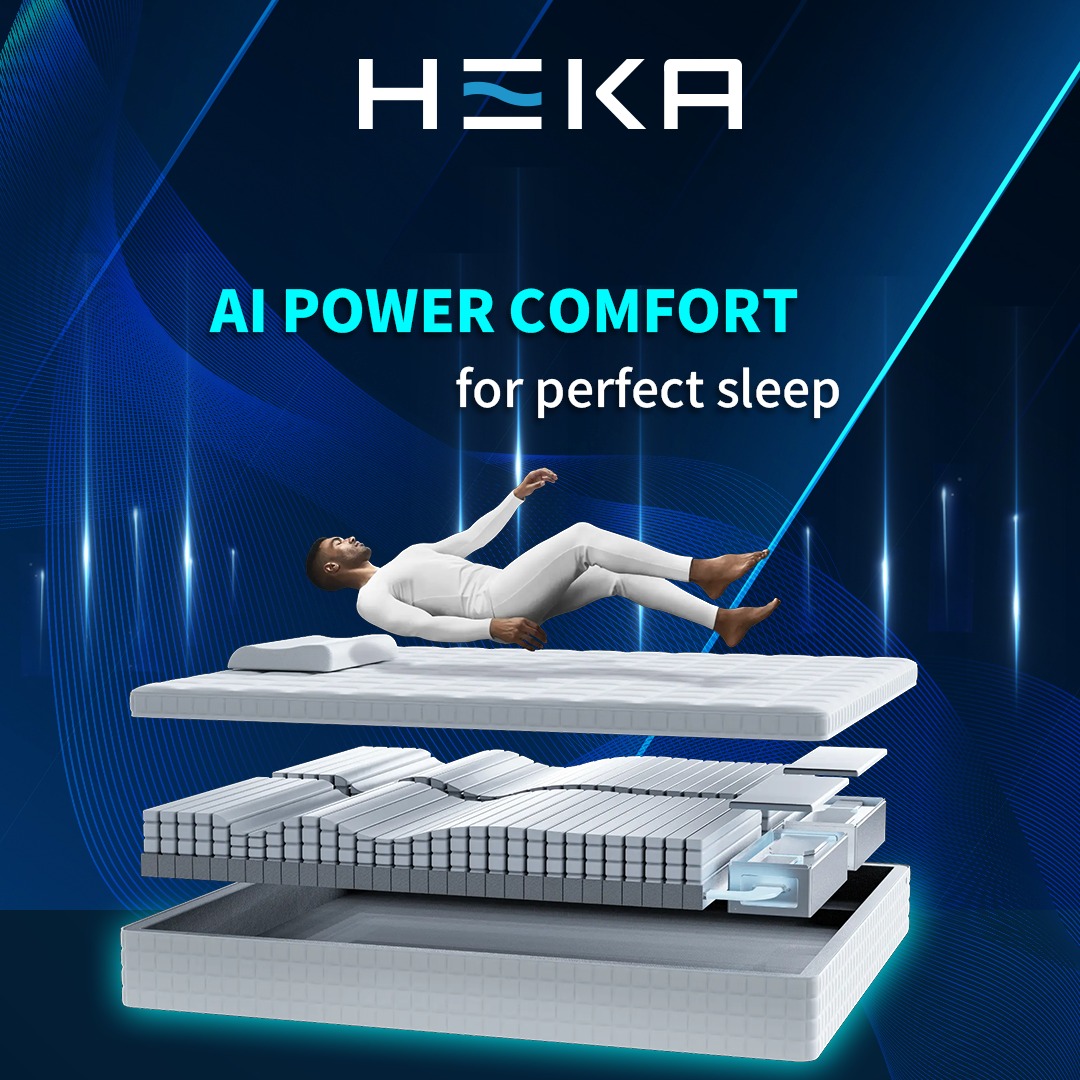 A modern bedroom featuring a Heka AI Mattress designed for personalized comfort