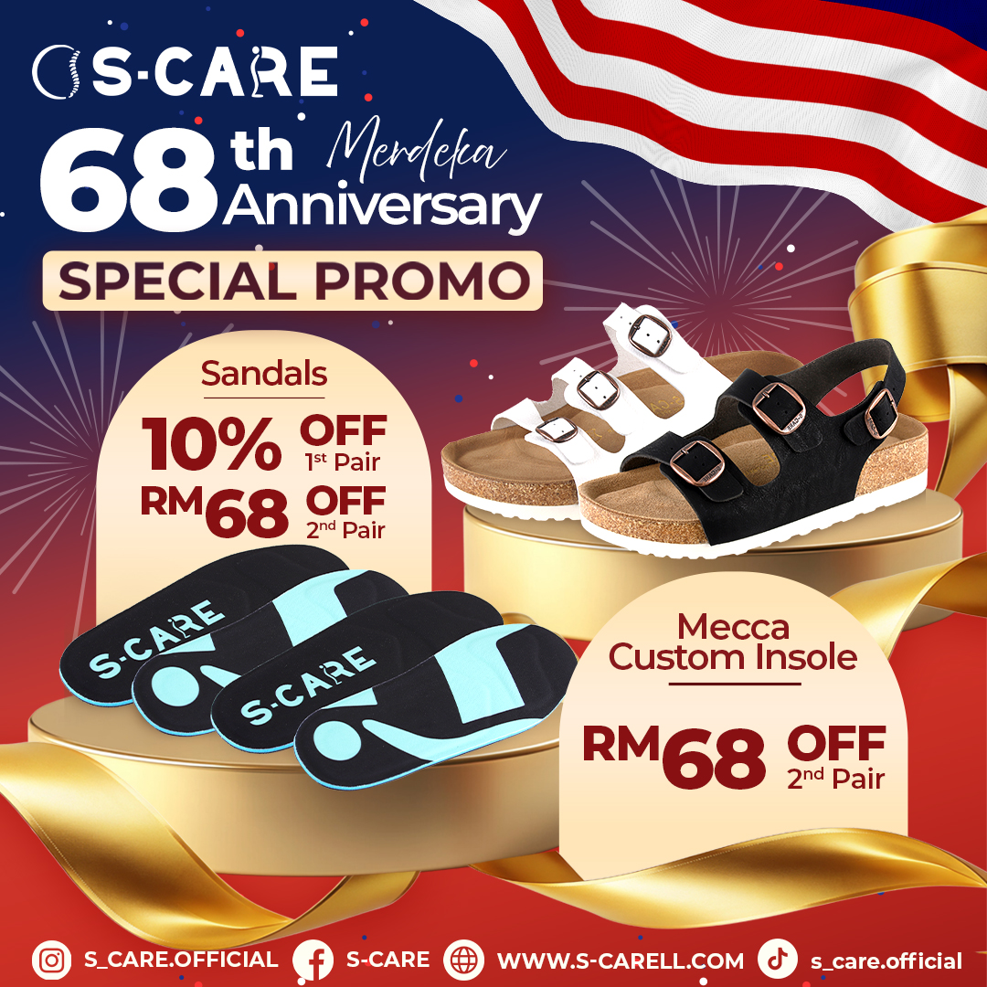 A visual representation of S-CARE's Merdeka anniversary promotions on footwear and custom insoles.