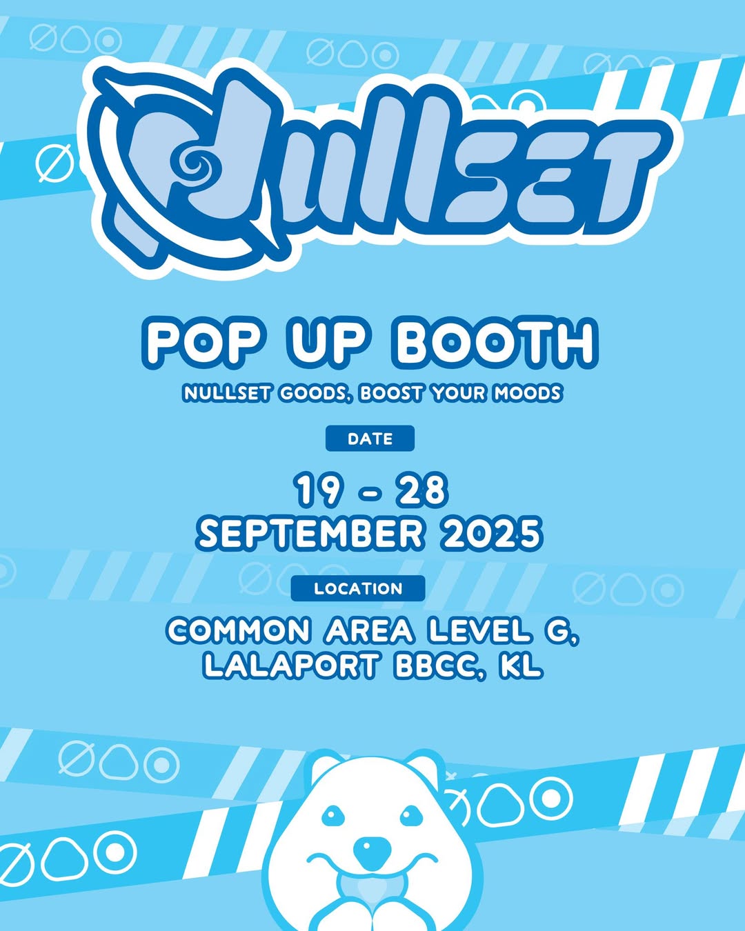 Nullset pop-up event banner displaying anime merchandise, with logos of Junji Ito, Kamisama Kiss, and DRAMAtical Murder.