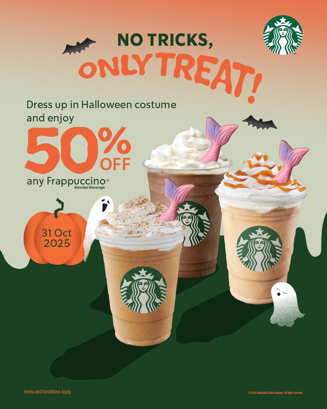 A person in a Halloween costume enjoying a Starbucks Frappuccino with a mermaid tail topping.