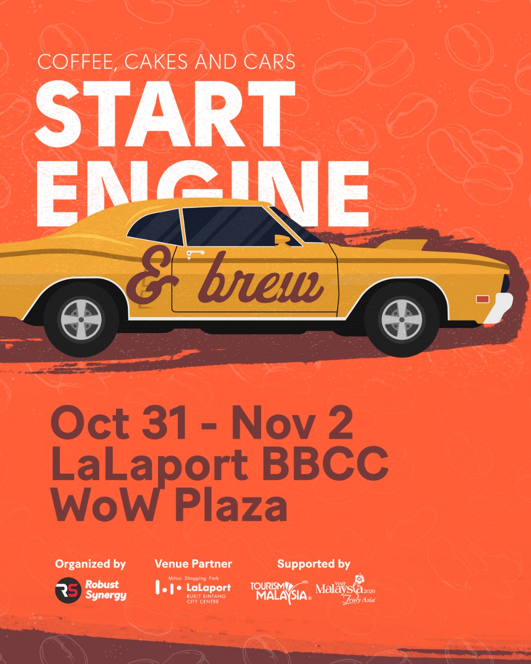 A classic car on display, with a coffee cup in the foreground, at an event