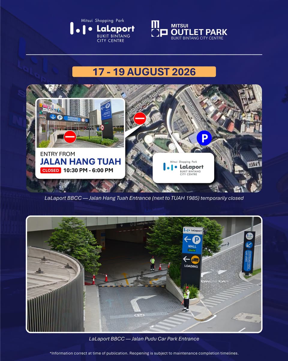 Car park closure schedule for 17 to 19 August 2026 at LaLaport BBCC