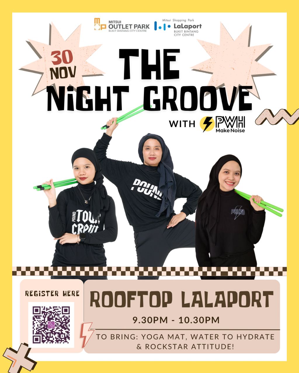The Night Groove event poster showing people exercising under the stars.