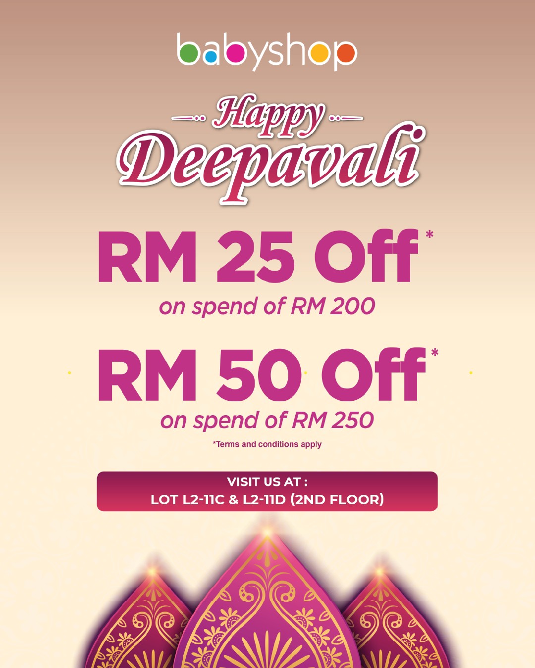 A parent and child celebrating Deepavali with new clothes and festive decorations.