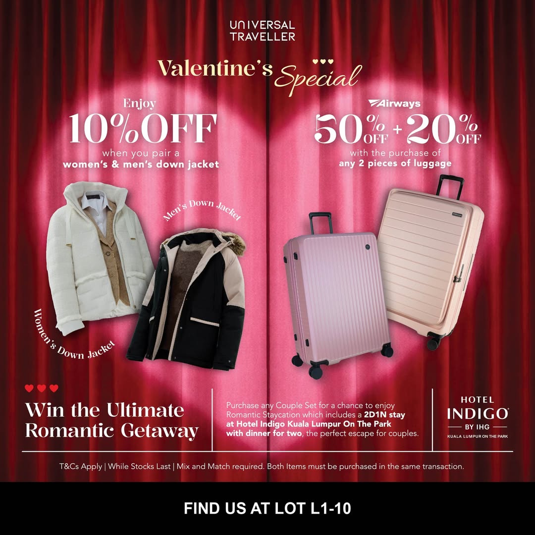 Universal Traveller Valentine's Day promotion featuring premium down jackets and travel luggage