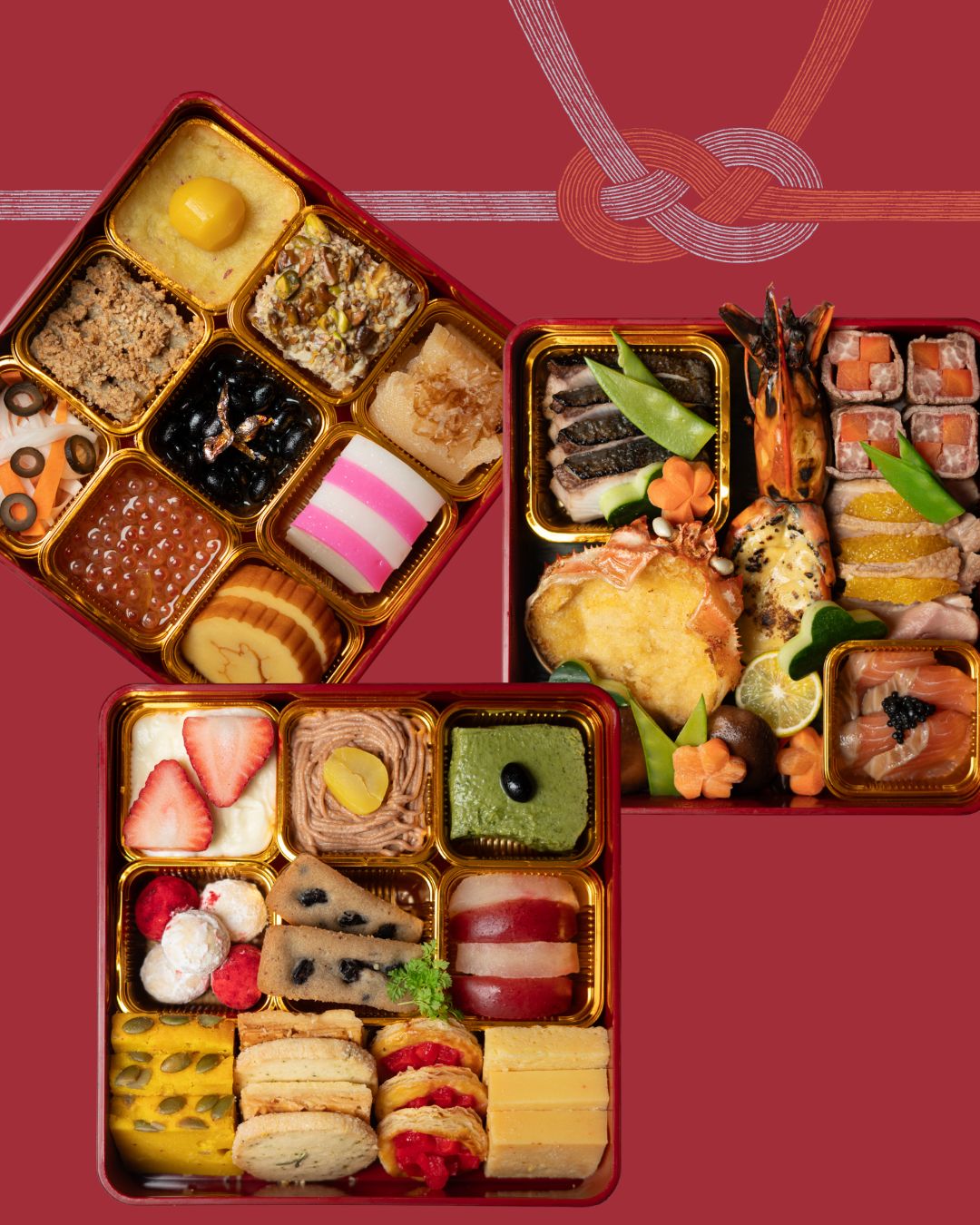 A beautifully arranged Japanese Osechi New Year's food set, featuring various traditional dishes.
