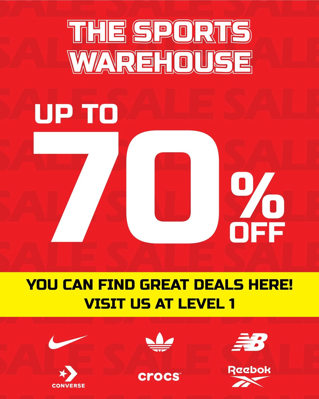 A vibrant display of sports apparel and footwear from top brands, signaling great savings.