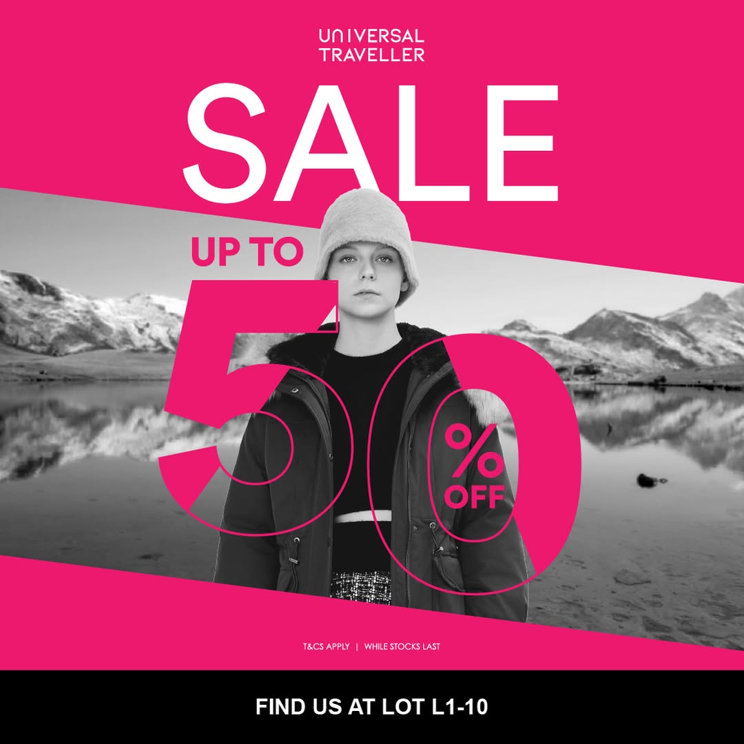 Universal Traveller Clearance Sale banner showcasing winter wear and luggage