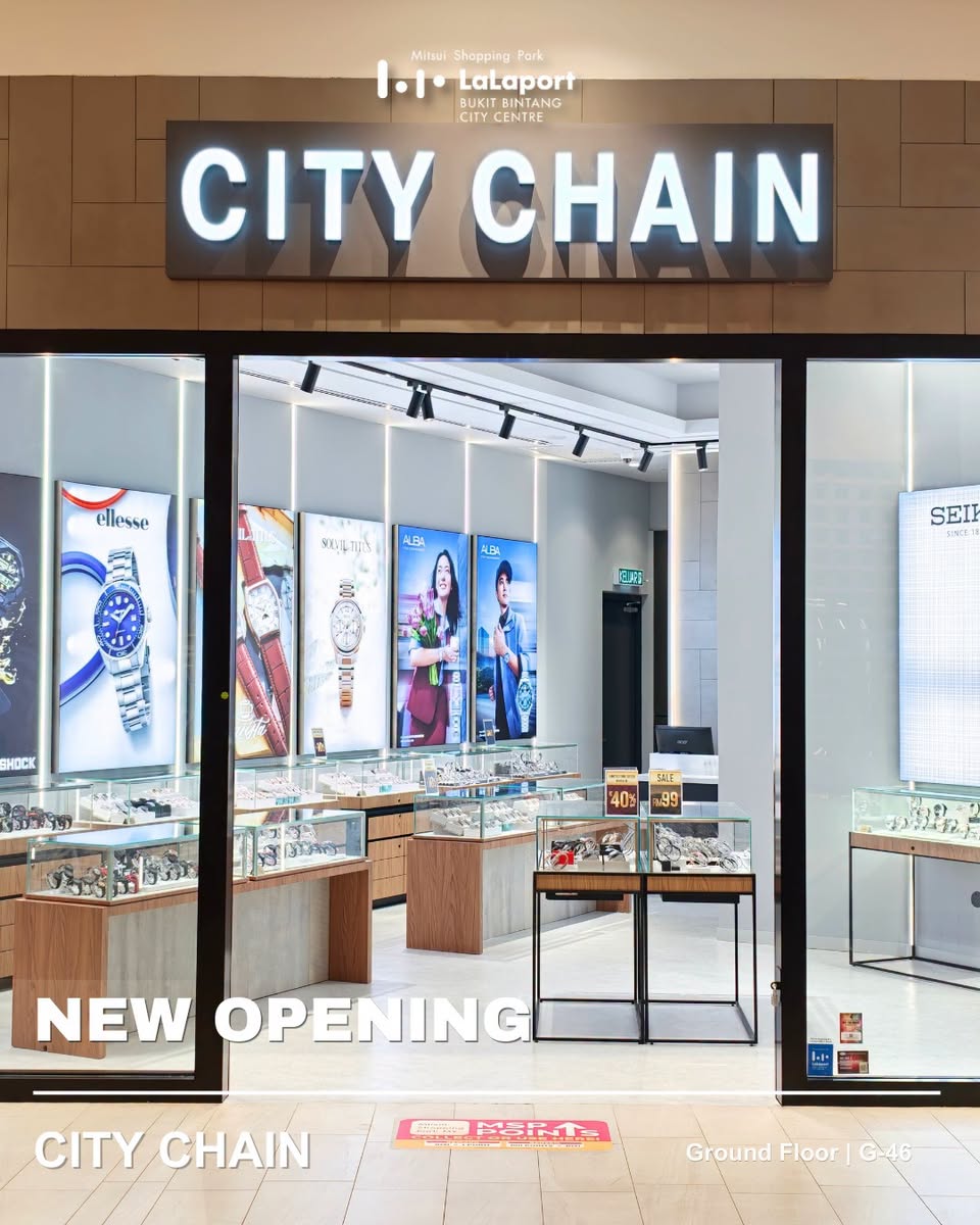 City Chain new opening sale display at LaLaport BBCC featuring SEIKO and ellese watches
