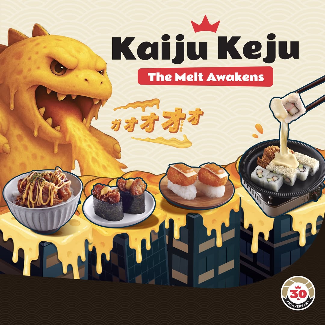 A close-up image of Sushi King's Kaiju Keju, featuring sushi topped with generously melted cheese