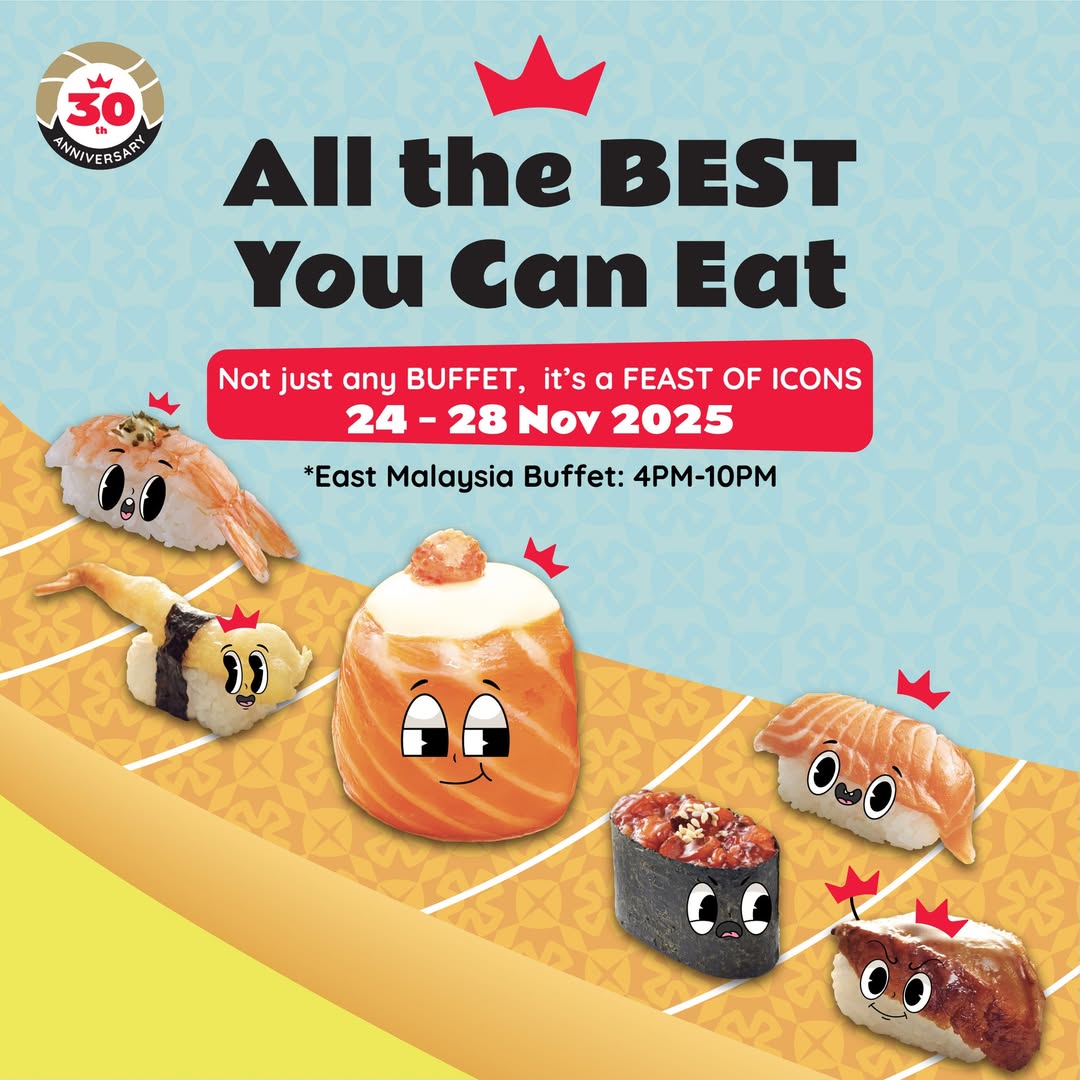 A vibrant display of sushi and dishes at Sushi King