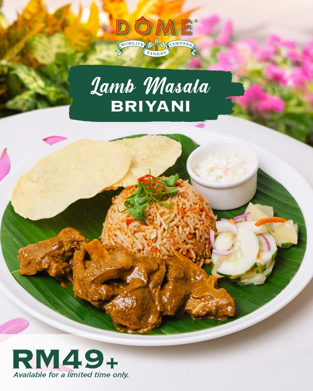 Aromatic Lamb Masala Biryani served with traditional accompaniments
