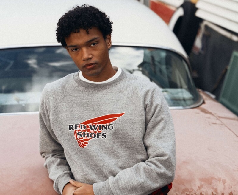 Detailed view of the collaboration sweatshirts and t-shirts