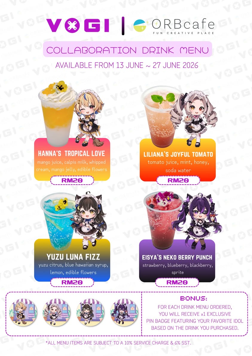 VOGI x ORBcafe collaboration drink menu featuring four character-themed drinks
