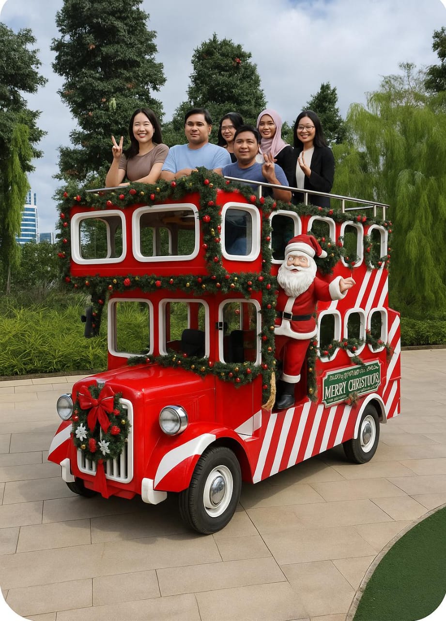 A festive red double-decker bus adorned with Christmas lights and decorations.