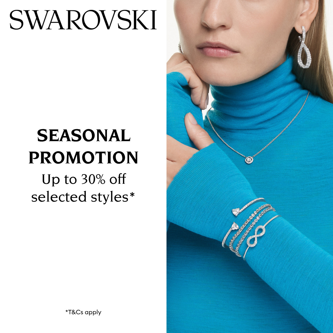 A collection of sparkling Swarovski jewelry pieces, including necklaces, earrings, and bracelets, elegantly displayed.