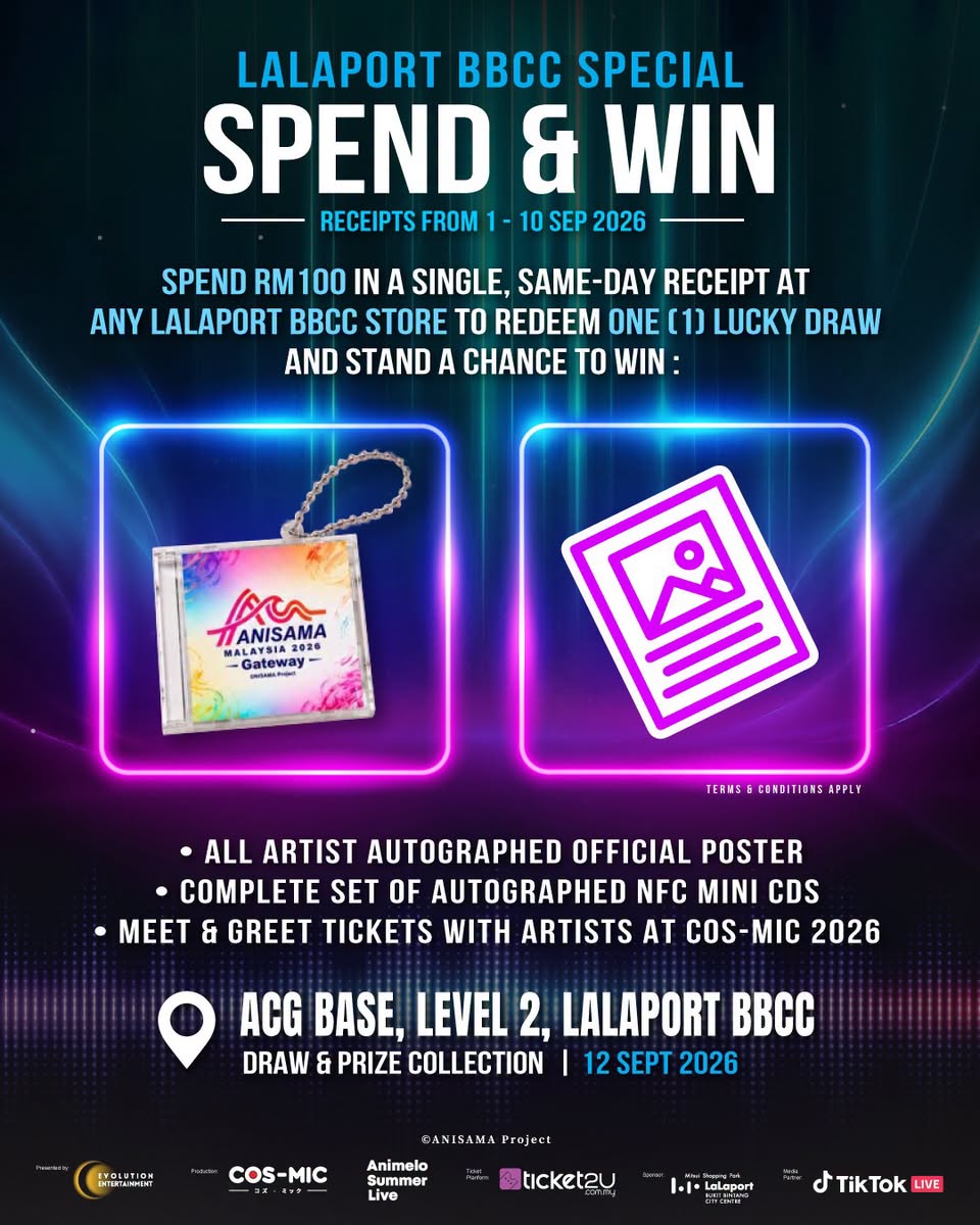 ANISAMA Malaysia 2026 Spend and Win lucky draw at LaLaport BBCC