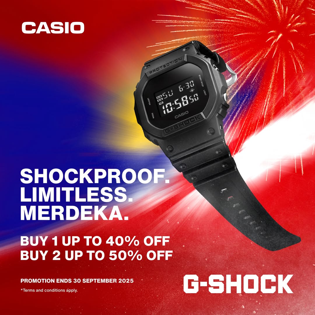 G-SHOCK and BABY-G watches displayed with a 'Merdeka Deals' banner