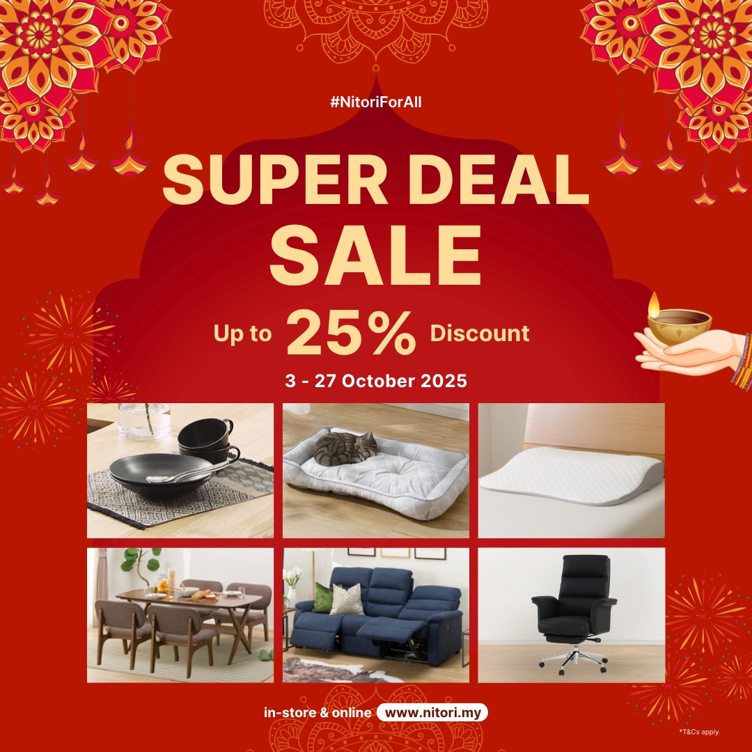 A collection of NITORI home essentials, including furniture, kitchenware, and bedding