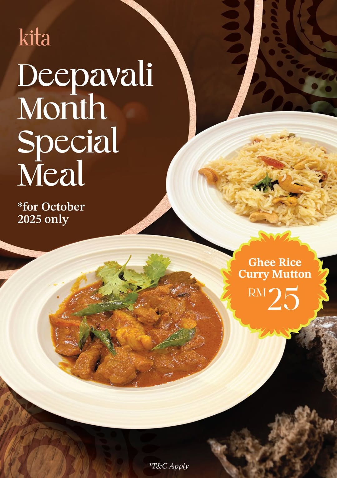 A plate of aromatic ghee rice served with rich curry mutton, garnished with fresh herbs.