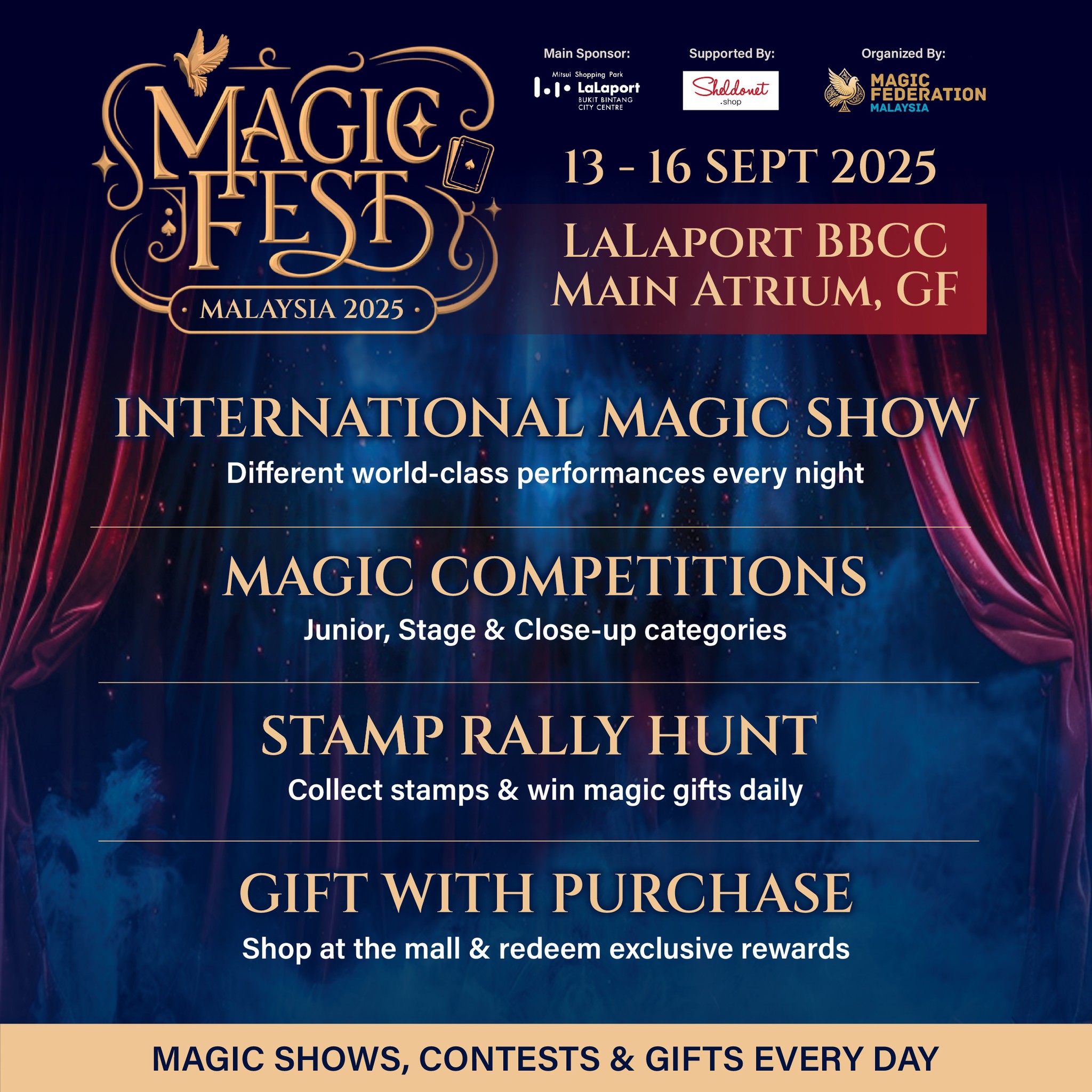 Promotional banner for a magic festival, showcasing key attractions
