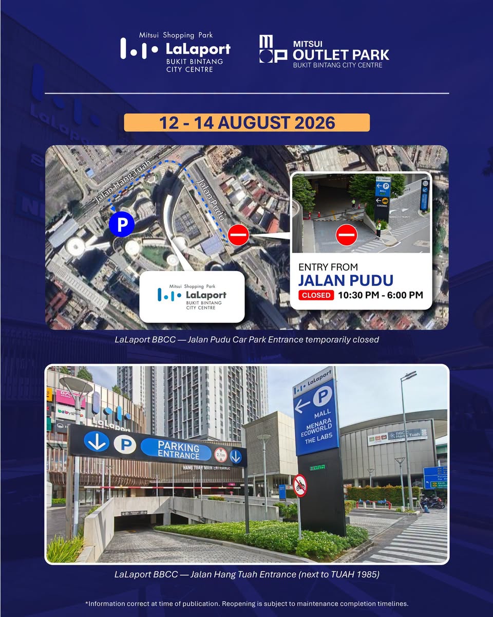 Car park closure schedule for 12 to 14 August 2026 at LaLaport BBCC