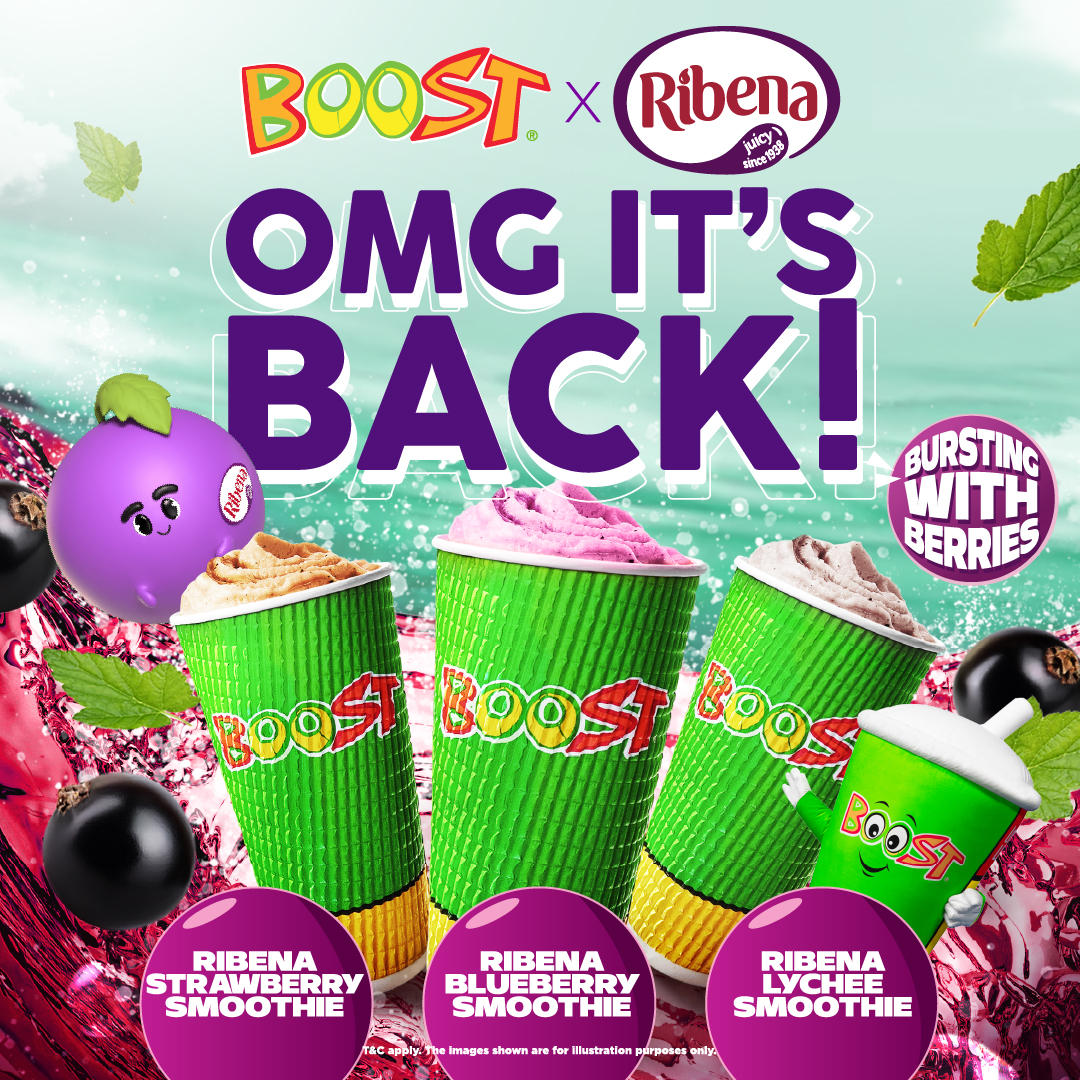 Boost Juice x Ribena smoothie collection featuring strawberry, blueberry, and lychee flavors.