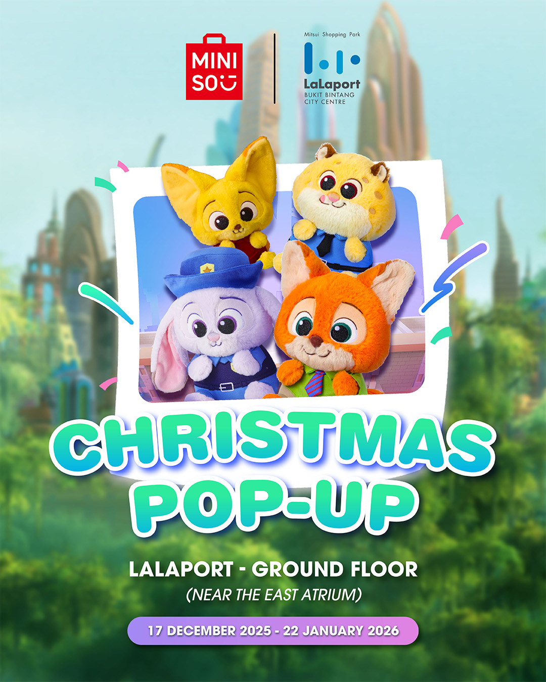 Zootopia characters Nick Wilde and Judy Hopps with MINISO merchandise at a festive Christmas pop-up event