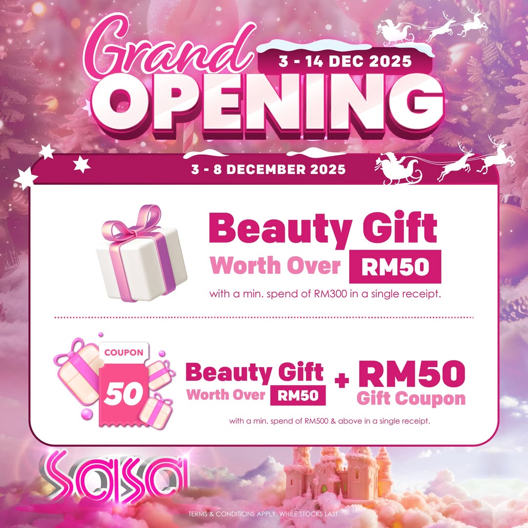 A vibrant display of beauty products and celebratory decor at the new SaSa store opening at Lalaport BBCC.