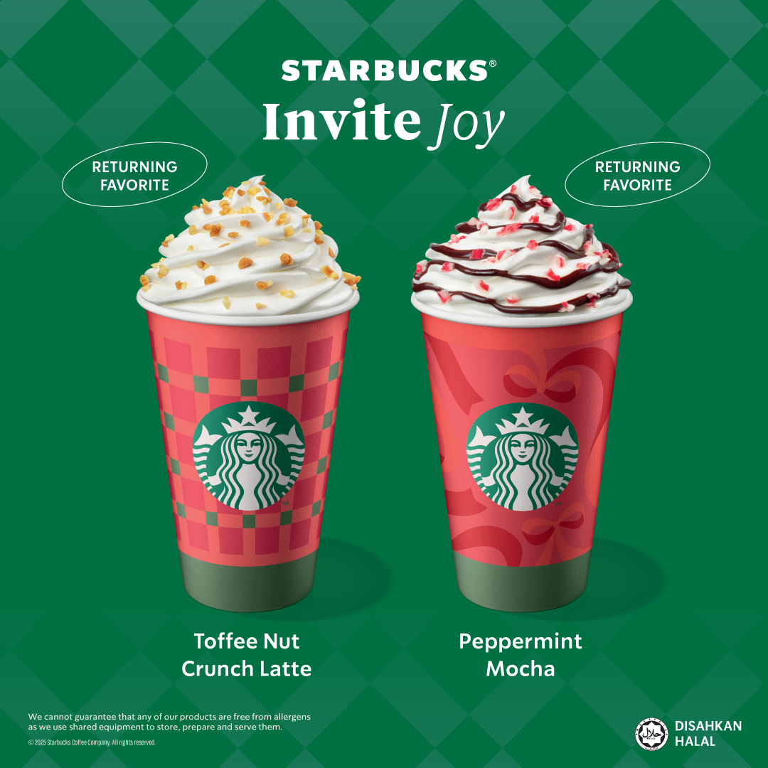A collection of festive holiday coffee drinks with whipped cream and seasonal toppings.