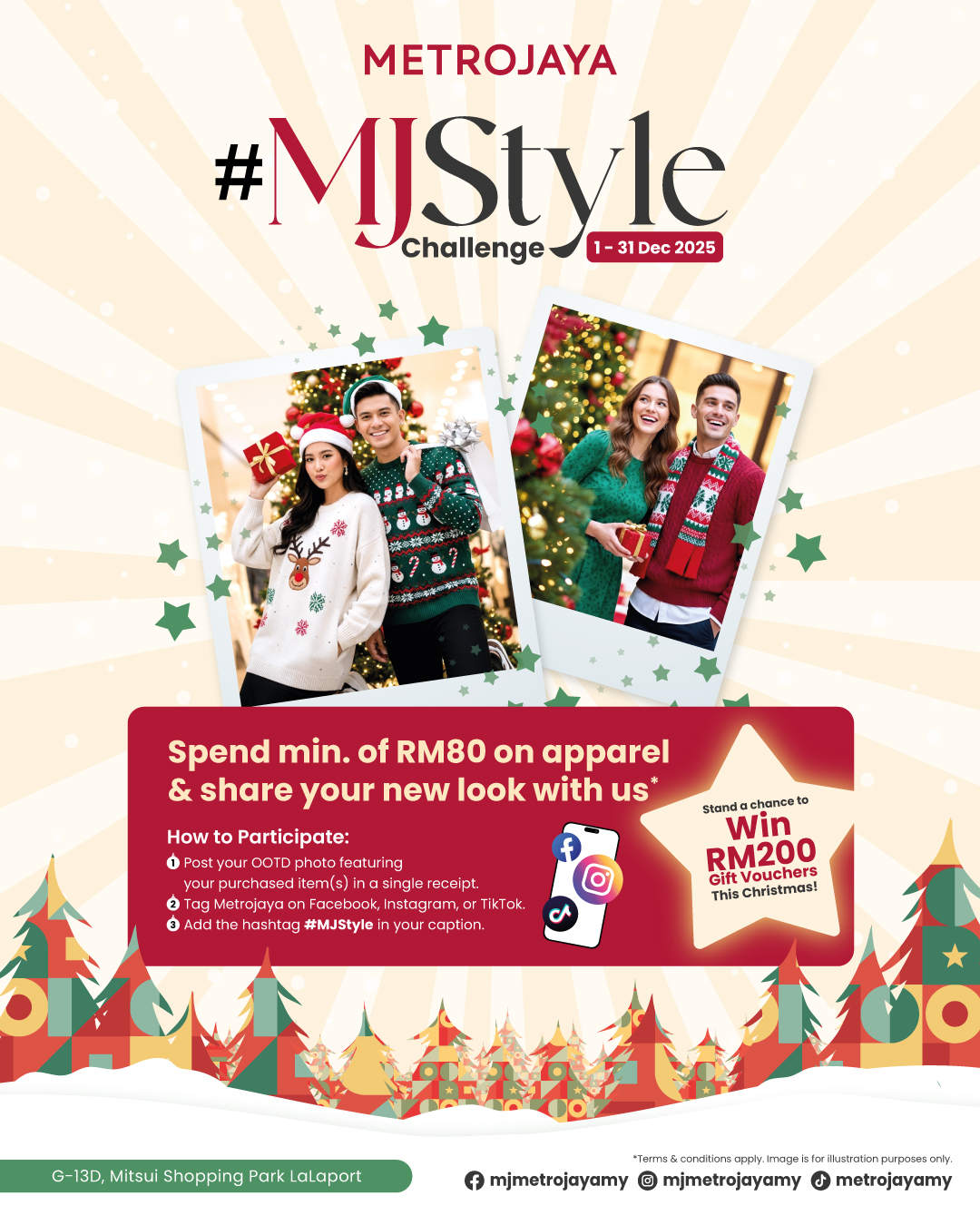 A person showcasing a stylish festive outfit, ready for the Metrojaya #MJStyle contest.