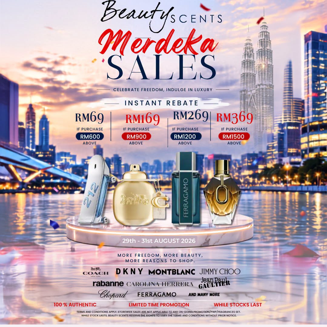Beauty Scents Merdeka Sales poster featuring premium fragrance brands