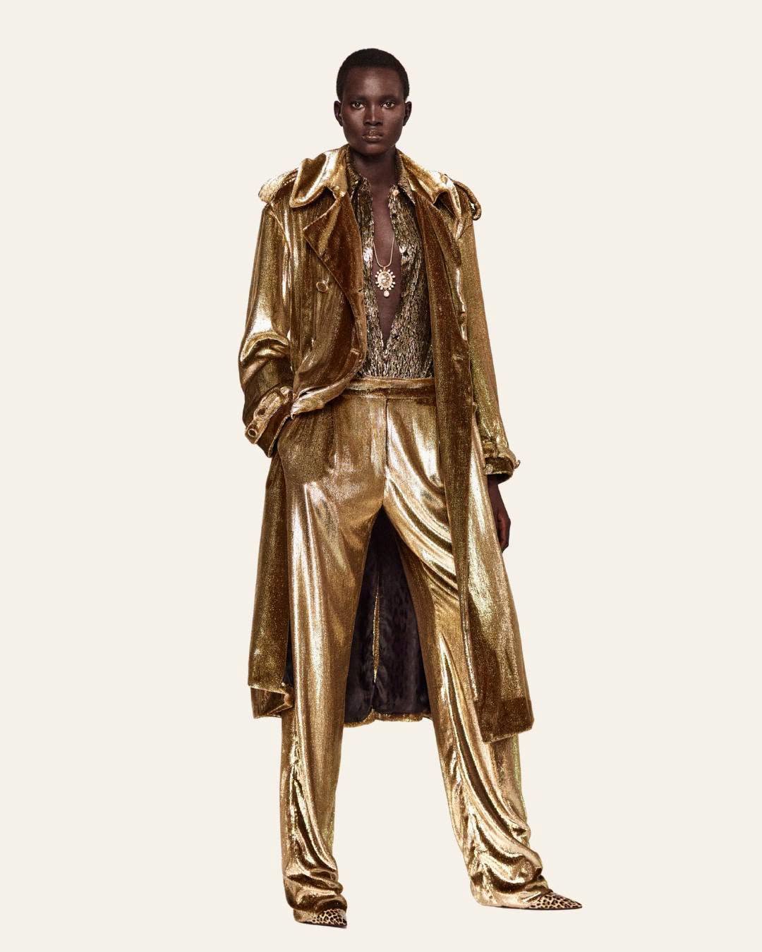 Roberto Cavalli metallic gold ensemble campaign at LaLaport BBCC