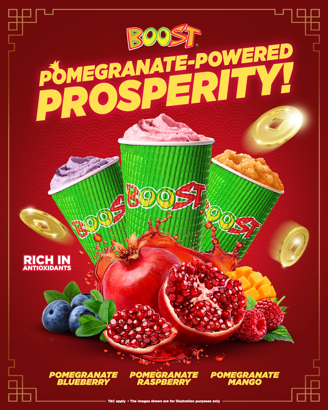 A refreshing pomegranate-based Boost Juice drink for Chinese New Year