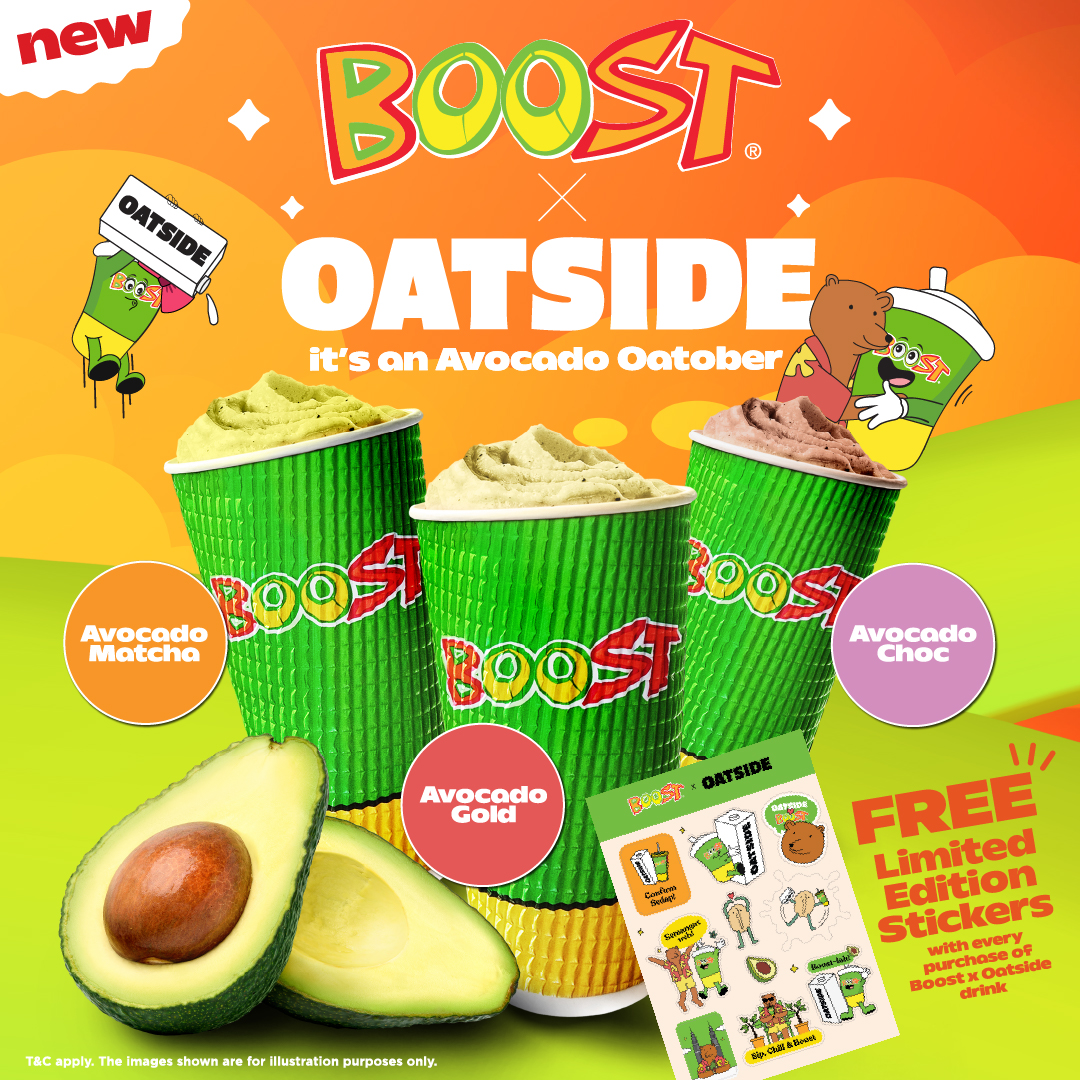 Boost Juice and Oatside collaboration avocado blend with Oatober theme