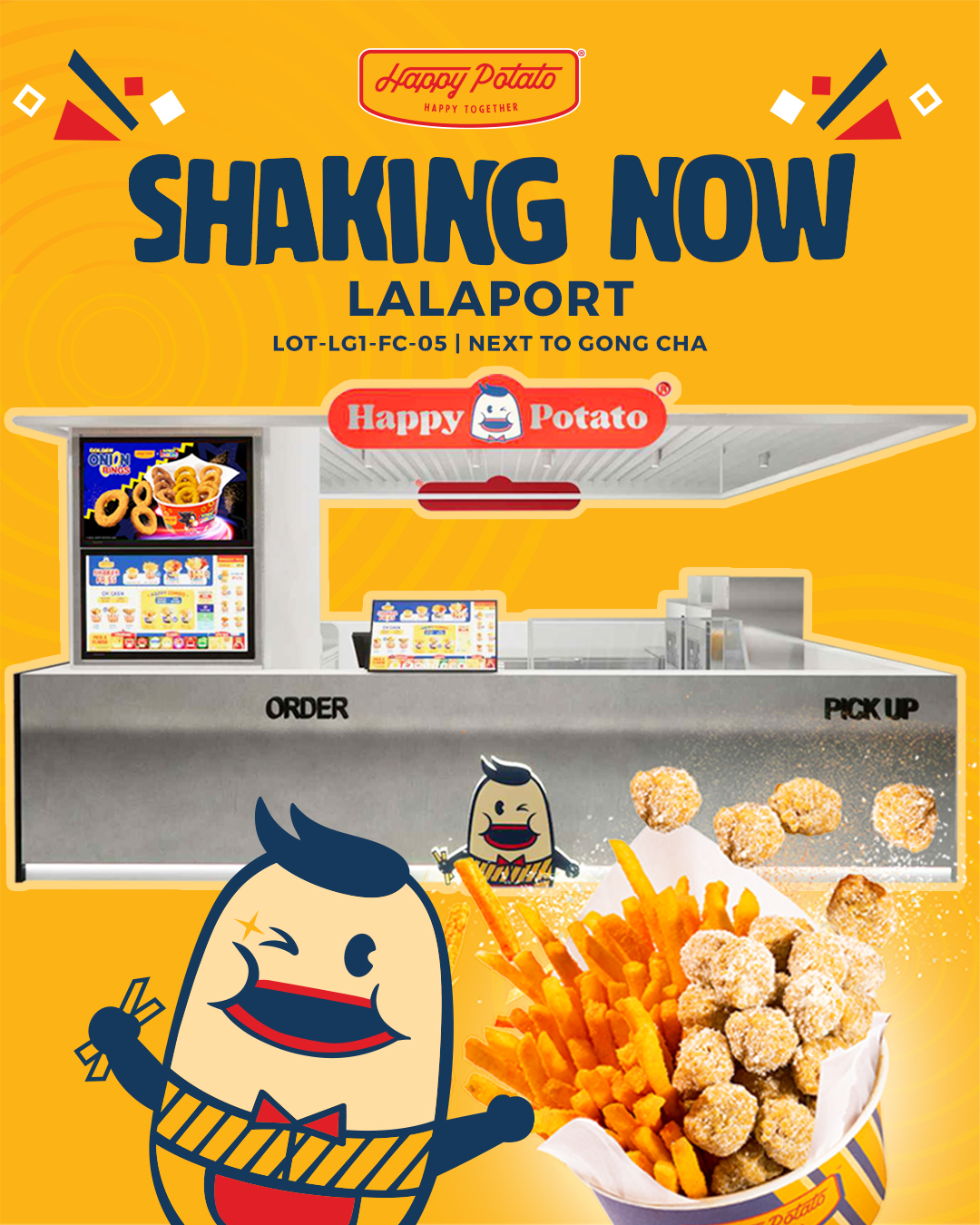 A plate of golden, crispy shaker fries from Happy Potato, seasoned to perfection.