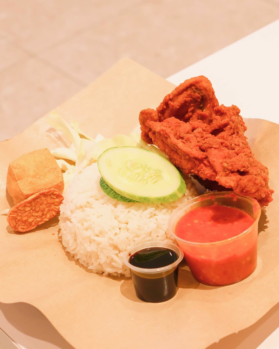 Ayam Gepuk Ombak dine-in meal with sambal and rice