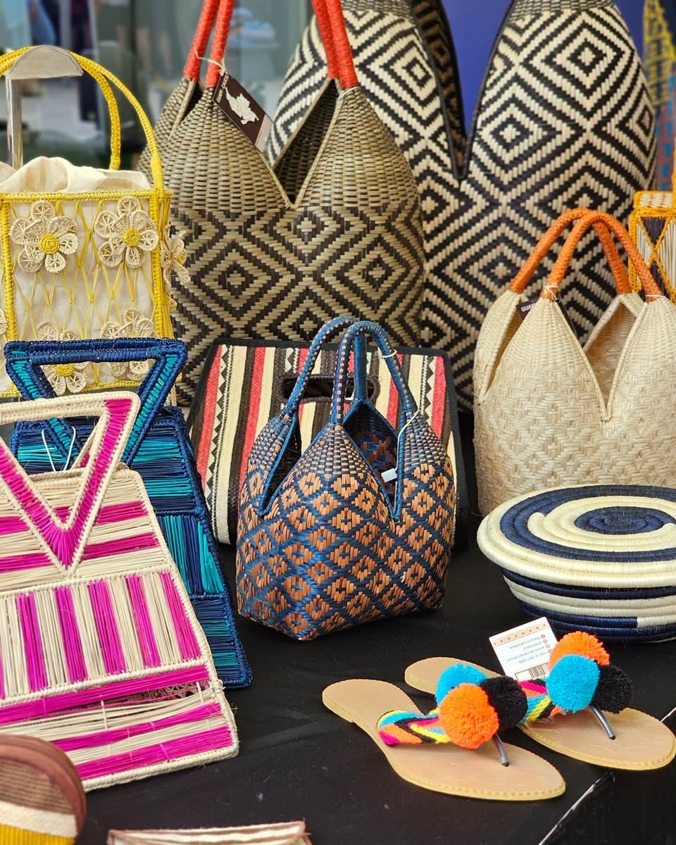 Woven handbags, bowls, and colourful flip-flops at the cultural bazaar