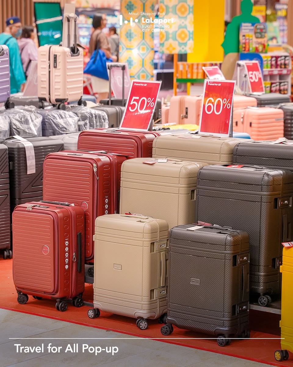 A variety of travel luggage and gear on display at the pop-up event