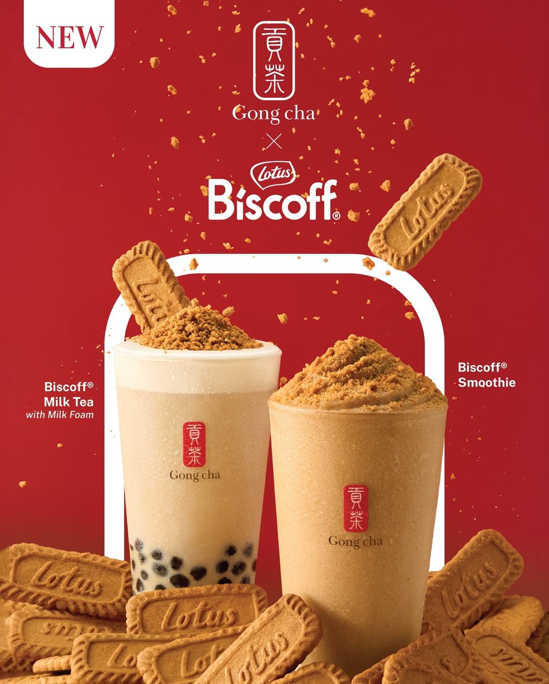 Two Biscoff themed drinks, a milk tea and a smoothie, with Biscoff biscuits and crumbs around them.