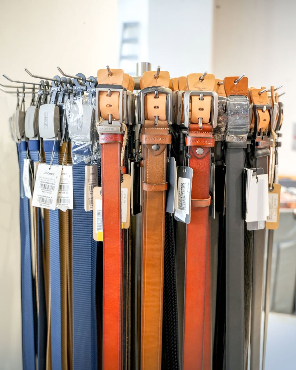 A close-up view of a high-quality leather belt from the collection.