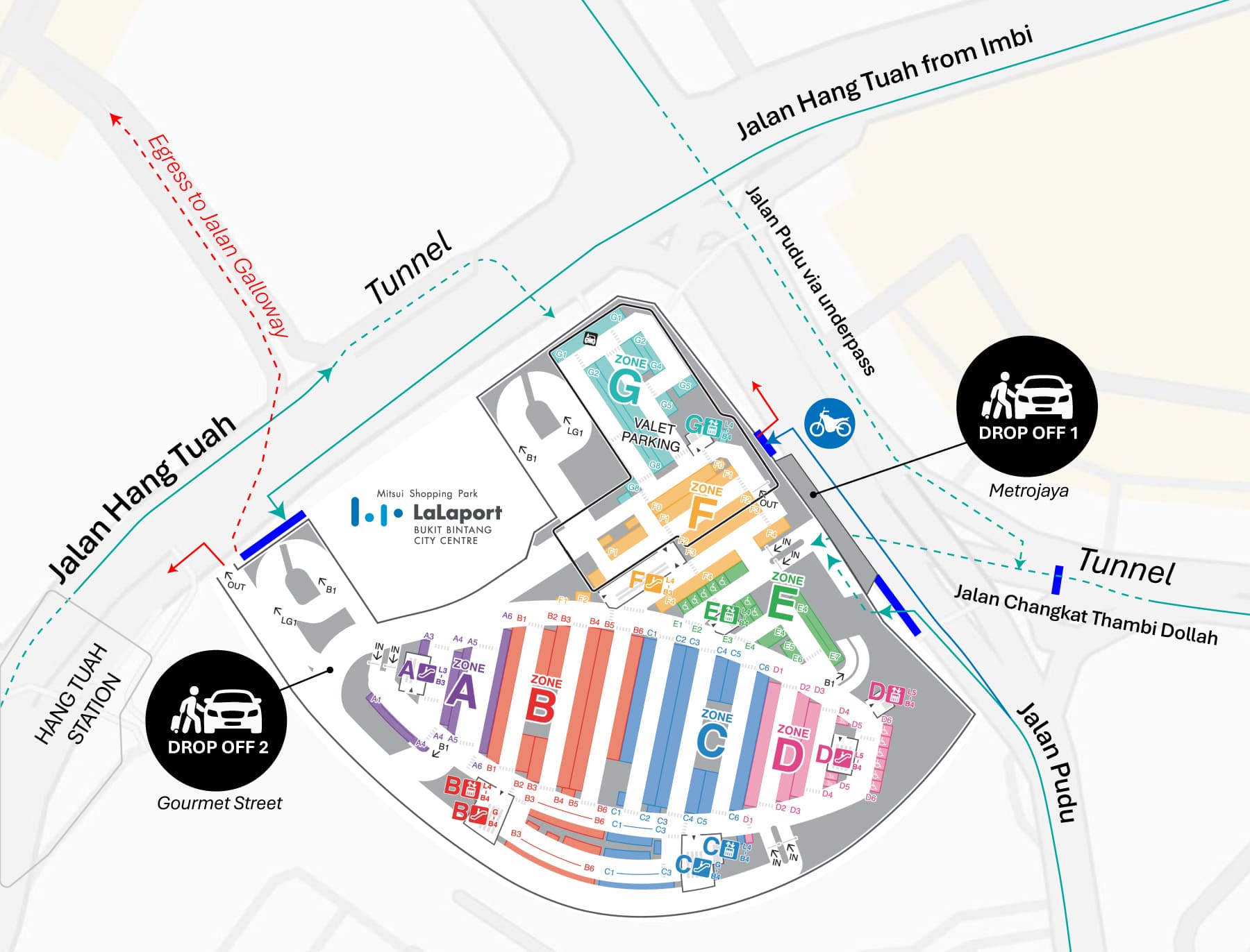 LaLaport BBCC Parking Map showing entrances, drop-off points and navigation
