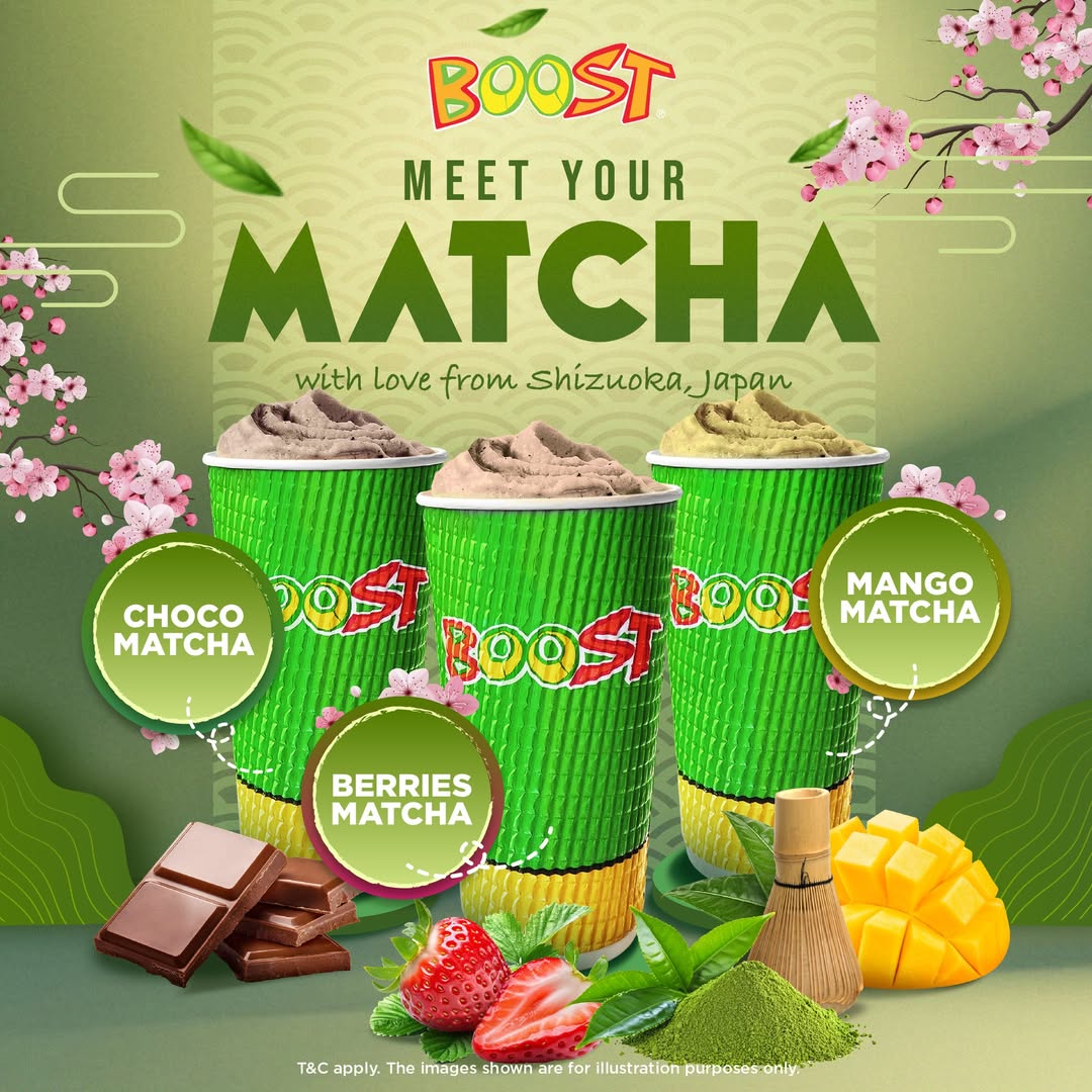 A vibrant image showcasing three delicious matcha smoothie variations: Choco Matcha, Berries Matcha, and Mango Matcha.