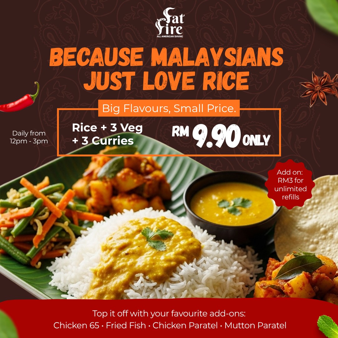 A delicious spread of the FatFire lunch set featuring rice, three vegetable dishes, and three curries.