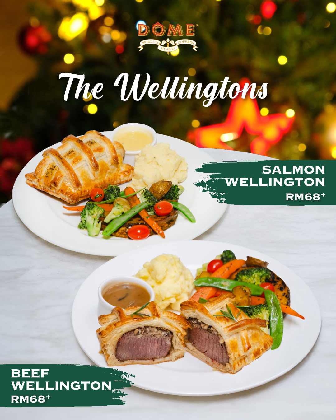 Golden-baked Salmon and Beef Wellingtons served with accompaniments