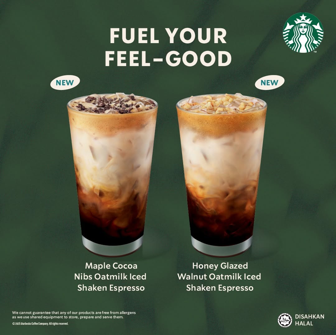 Two Starbucks Iced Shaken Espresso drinks, one with a nutty topping and the other with cocoa nibs, set against an autumnal backdrop.