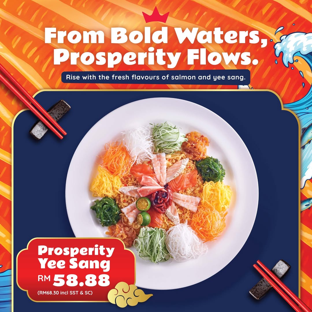 A vibrant and colorful Yee Sang platter from Sushi King ready for tossing.