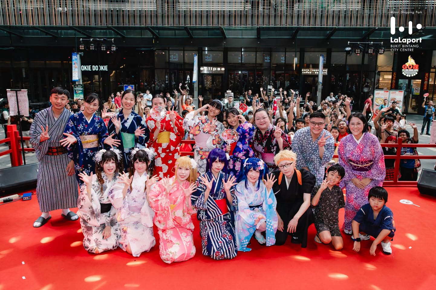 LaLaport Bon Odori 2026 participants in kimonos and cosplay at outdoor plaza