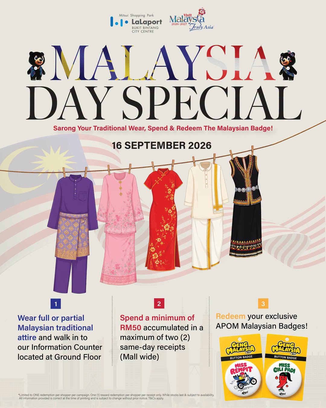 Malaysia Day Special at LaLaport BBCC featuring traditional Malaysian attire and APOM Malaysian Badges