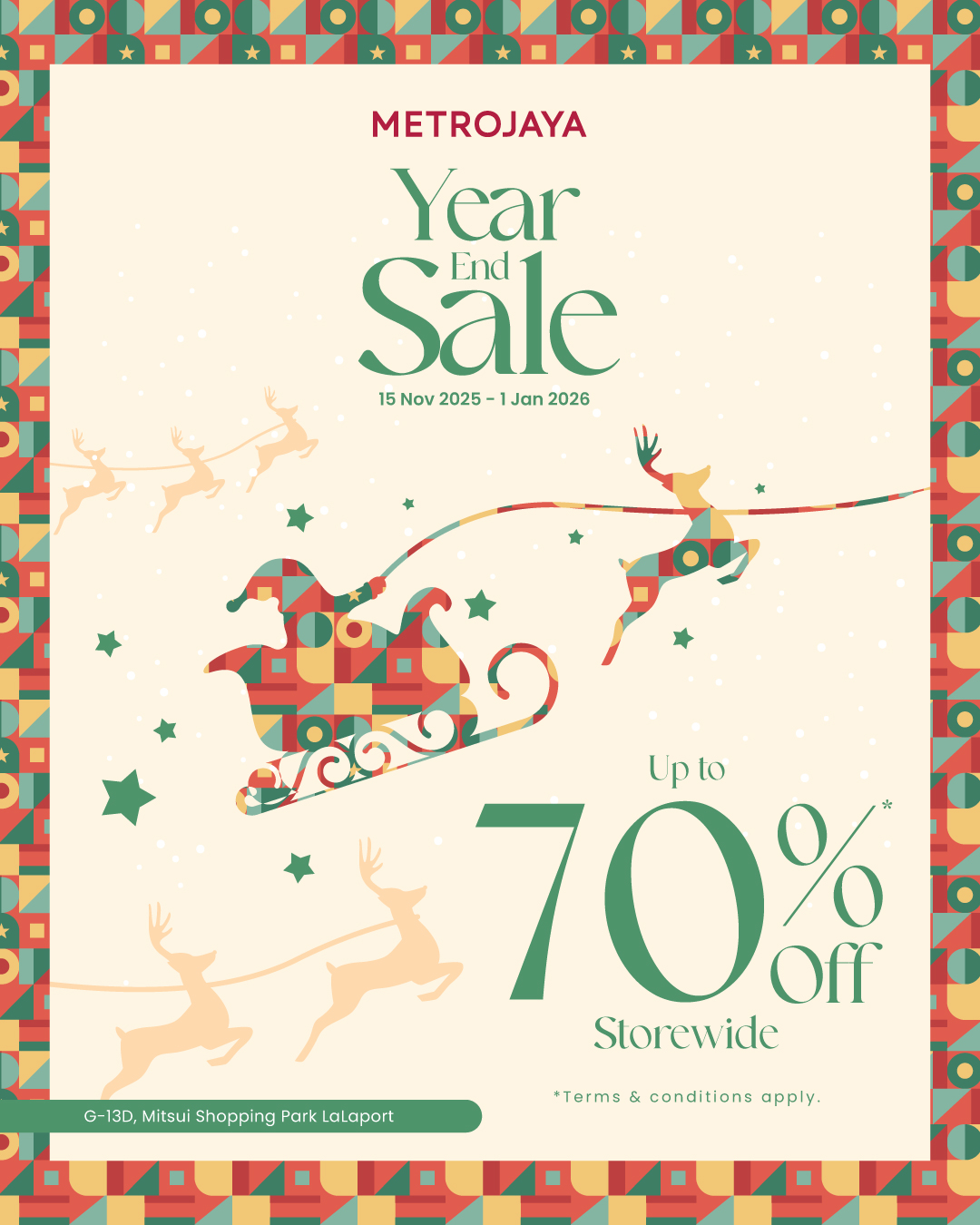 Metrojaya's festive sale display with holiday decorations and stylish apparel